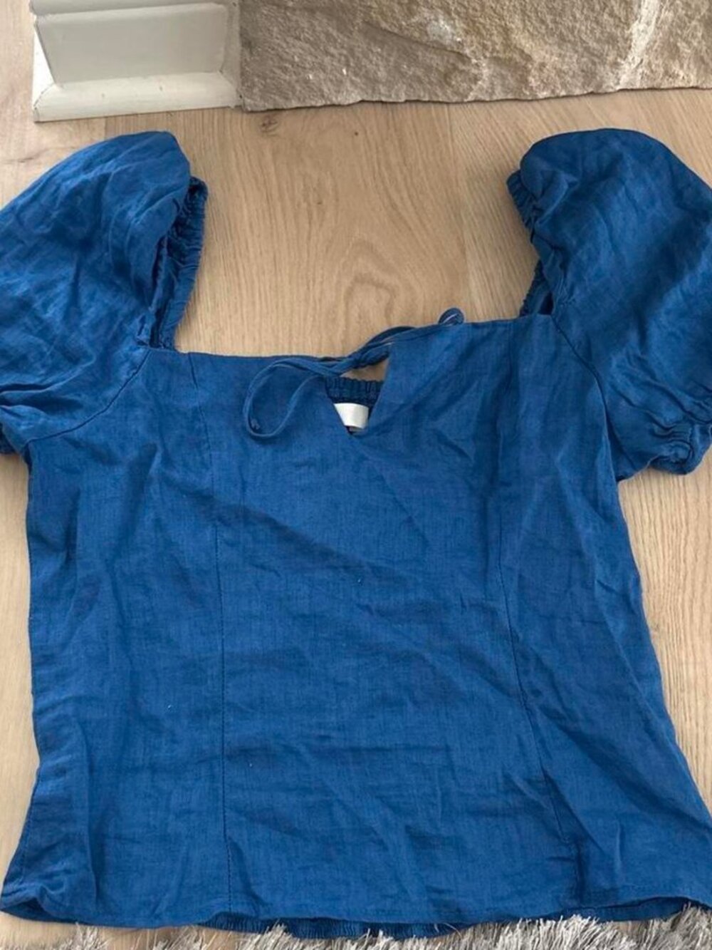 H&M Blue linen top with ruffle sleeves